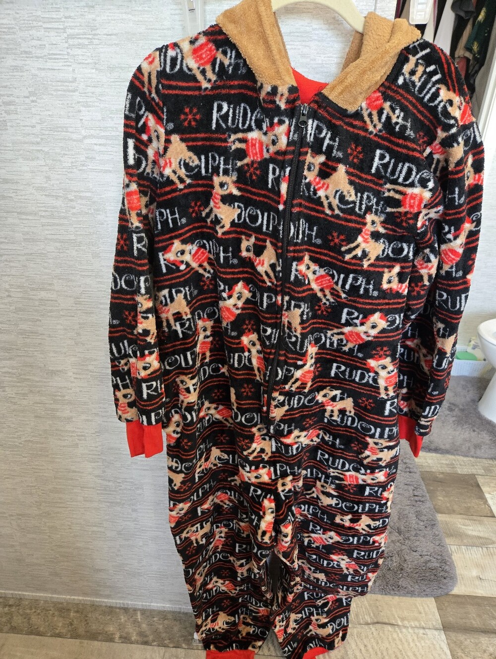Rudolph Reindeer Black Womens Hooded One-Piece Pajamas